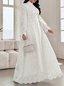 Modelyn 女式法式立领泡泡袖垂坠设计连衣裙 - 白色 - 查看 6