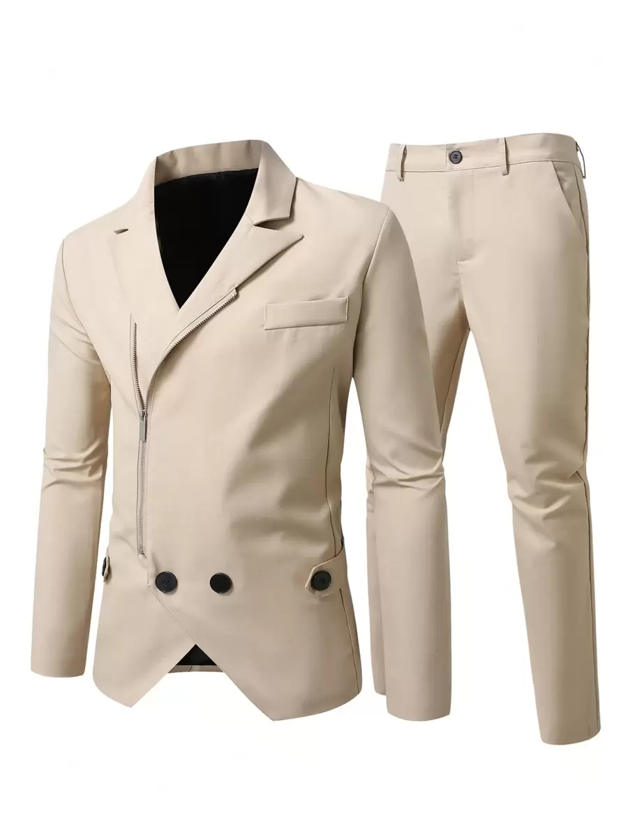 Calvornis Plus Size Men Full Zip Front Jacket And Long Pants Suit Set, Minimalist - Khaki - View 1