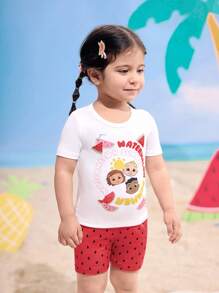 CoComelon X SHEIN Baby Girl Watermelon Graphic Snug Fit Summer Pajama Set - Red and White - View 3