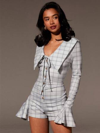 Athîral Kvinnors rutigt framslips Flare Sleeve Button Design Casual Romper