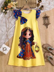 Tween Girl' Ramadan Middle East Print, Cap Sleeve Shoulder Bow Decor Dress - Multicolor - View 1