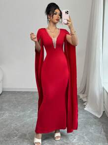 Elenzga Red Beaded Mesh Patchwork Mermaid Hem Bodycon Dress - Red - View 3