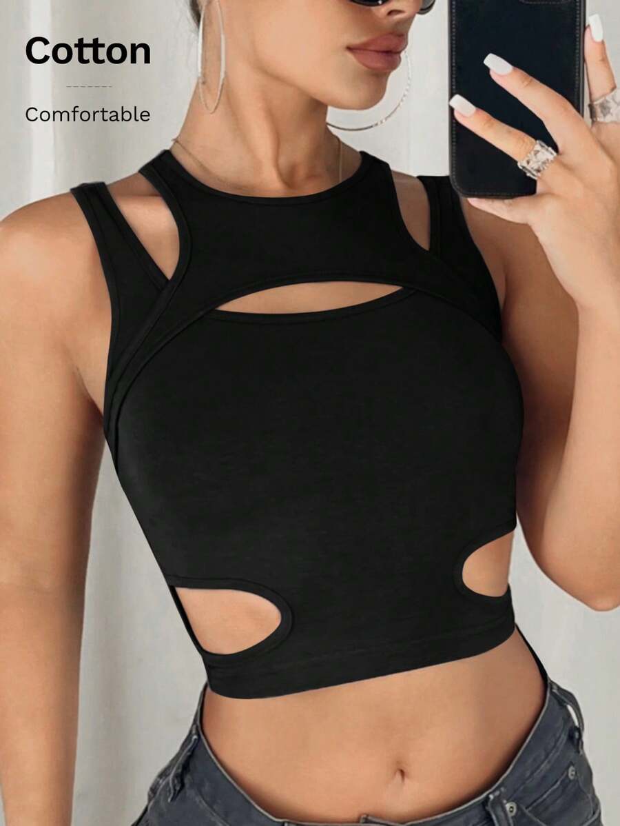 SHEIN ICON Fashion Solid Cut Out Crop Y2k Tank Top - Black - View 1
