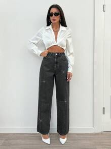 EURMUSE High Waist Diamond Detailed Straight Jean - Dark Grey - View 4