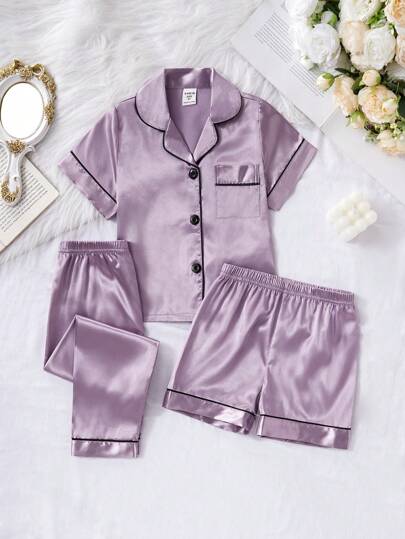 年轻女孩紫色纯色翻领短袖上衣、裤子和短裤 3 件套舒适优雅家居服套装