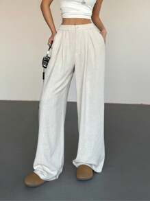 SHEIN EZwear Apricot Linen Women's Pleated Elastic Loose Casual Wide Leg Long Pants , Summer - Apricot - View 3