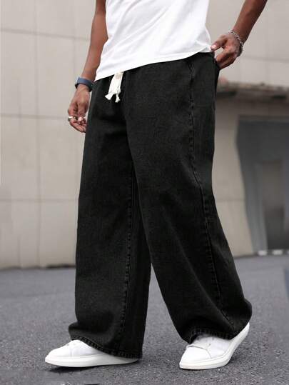 Manfinity Homme Quần Jeans Ống Rộng Rộng Chất Cotton Giặt Cho Nam Size Lớn, Xám Nhạt