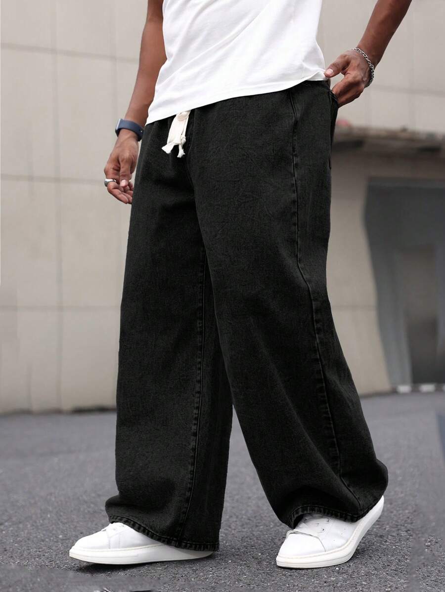 Manfinity Homme 大码男式棉质水洗宽松阔腿牛仔裤，浅灰色 - 黑色 - 查看 1