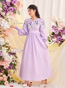 SHEIN 少女編織花卉印花v領收縮泡袖連衣裙 - 淡紫色 - 查看 5