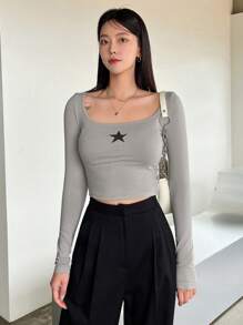 DAZY Star Print Scoop Neck Crop Tee Y2k Festival