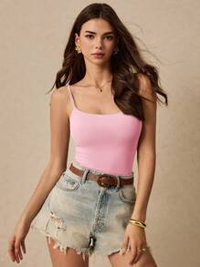 Poéselle Women's Casual Versatile Solid Color Adjustable Strap Camisole Top With Built-In Bra - Pink - View 4