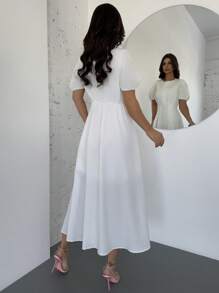 Firerie Đầm nữ thanh lịch, tối giản, màu trắng, tay ngắn, cổ tròn, dáng chữ A, tay phồng, cài cúc phía trước, dài đến đầu gối, thích hợp cho kỳ nghỉ, đi biển và trang phục mùa hè. - trắng - Xem 5