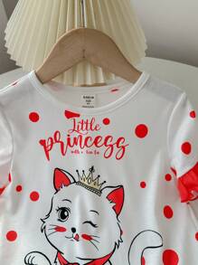 SHEIN Camisón informal y lindo con mangas cortas con volantes, diseño de dibujos animados y contraste de colores para niñas jóvenes