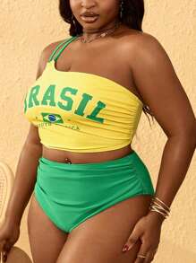 SHEIN Slayr CURVE 2pcs Plus Size Women Letter Print One Shoulder Top And High Waist Triangle Bottom Minimalist Casual Beach Tankini Swimwear, For Summer Vacation - Yellow - View 4