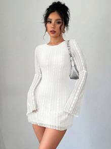 Firerie Đầm midi thời trang thanh lịch & lãng mạn cho nữ đi làm, phong cách quyến rũ & gợi cảm, thích hợp cho tiệc tùng, ngày lễ, trở lại trường, hẹn hò lãng mạn và sinh nhật đám cưới, váy ngắn tay dài ren bó sát, mùa thu/đông - trắng - Xem 5