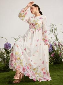 Modelyn Đầm tay loe in họa tiết thêu khoét rỗng eo cho nữ - Nhiều màu - Xem 2