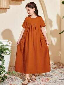 SHEIN Tween Mädchen einfarbiges, strukturiertes Stoffkleid mit kurzen Ärmeln und lockerer A-Linie und Taschen, langes Kleid