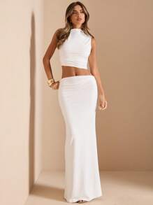 SHEIN BAE Women Solid White Asymmetric Twist Ruched Shoulder Camisole & Low Waist Ruched Pencil Skirt 2 Pieces Knit Set, White Co-Ord, Bridesmaid Knit Suit, Back To School/Graduation Set, Resort Outfit - White - View 6