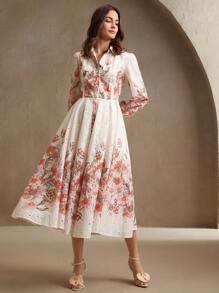 Anewsta Vestido camisa de manga globo con bordado y estampado floral, elegante para primavera, vacaciones, festivales, Pascua