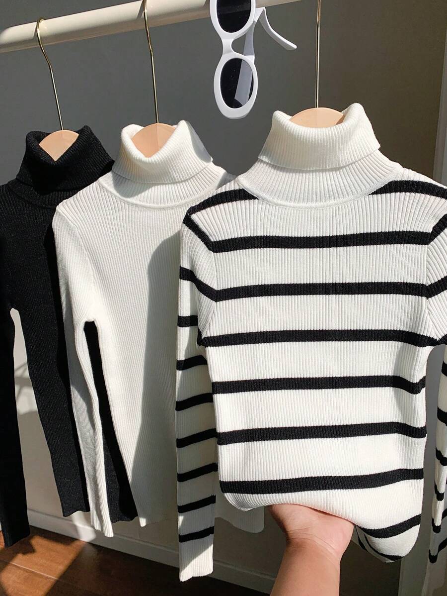 SHEIN Comfortcana Áo len dệt kim cổ tròn tay dài 3 món cho nữ, mặc thường ngày vào mùa thu/đông - Đen và trắng - Xem 1