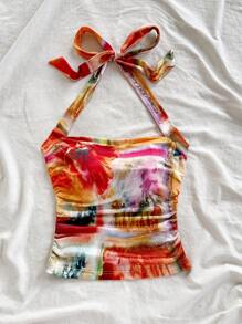 Soleia Summer For Women,Western Wear Women,Summer Tops,Crop Tops Women,Concert Women,Rave Festival,Cruise Attire Women,Birthday For Women,Going Out Tops,Vacation Woman,Tank Tops Women,Vacation Women's Colorful Tie Dye Floral Print Pleated Halter Backless Tank Top With Bowknot - Multicolor - View 3
