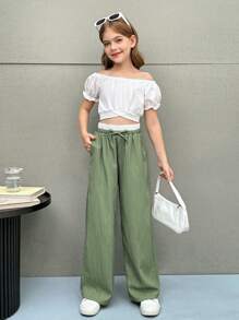 SHEIN Tween Girls' Woven Colorblock Waistband Casual Straight Leg Pants - Green - View 4