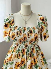 Sunnyshic Vestido A-Line de mujer de talla grande con estampado de girasol y mangas con volantes, elegante vestido de verano para vacaciones y playa