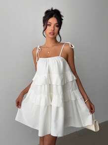 Rafferiza Tiered Ruffle Hem Loose A-Line Dress - White - View 1