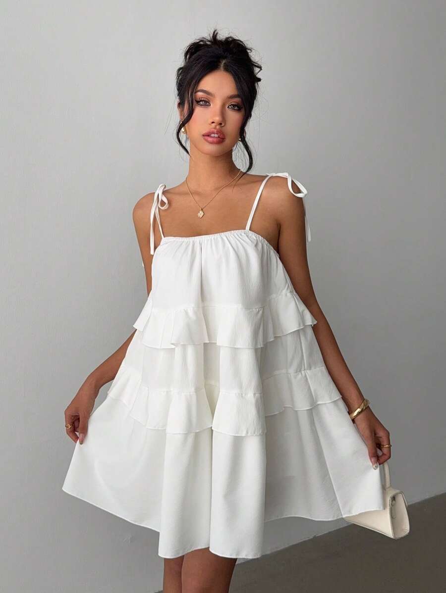 Rafferiza Tiered Ruffle Hem Loose A-Line Dress - White - View 1