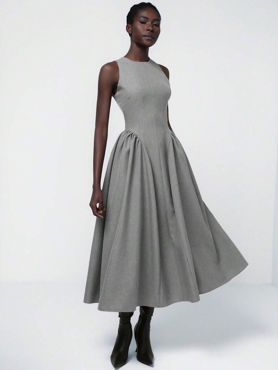 Aveloria Modichic فستان للنساء بخصر مطاطي مجعد مع شق بجيبين مرن بطراز أنيق لائق للتنقل بسيط وعملي