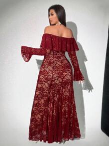 Grovea Elegant Plus Size Sexy Off Shoulder Ruffle Collar Extra Long Lace Dress Fall Cloth For Women - Red - View 5