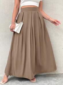 Firerie Plus Size Women Grey High Waist Long A-Line Pleated Skirt With Pockets, Elastic Waist, Suitable For Fall And Back-To-School - Khaki - View 6