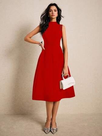 Poéselle 中长款纯色圆领无袖简约优雅金属孔眼装饰连衣裙