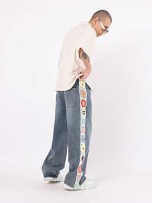 SUMWON Quần Jeans Rộng Thiết Kế Có Họa Tiết Đan Móc Thủ Công Ở Mặt Bên Quần Denim Thời Trang Đường Phố Mùa Hè Phong Cách Y2K - Màu xanh lam - Xem 4