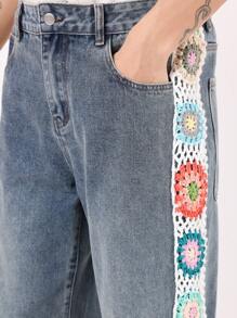 SUMWON Quần Jeans Rộng Thiết Kế Có Họa Tiết Đan Móc Thủ Công Ở Mặt Bên Quần Denim Thời Trang Đường Phố Mùa Hè Phong Cách Y2K - Màu xanh lam - Xem 7