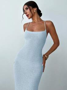 Firerie Women Elegant Minimalist Sexy Criss-Cross Open Back Slit Bodycon Midi Knit Slip Dress, Suitable For Daily Wear