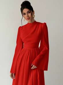 Firerie 女士优雅日常简约精致浪漫迷人通勤办公室正式舞会约会 INS 褶皱喇叭袖收腰白色 A 字裙，秋冬 - 紅色 - 查看 4