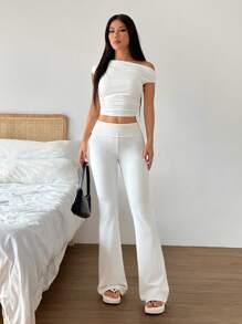 Comfortcana Women's Solid Color Asymmetric Neck Ruffle Cropped Top And Flared Pants Casual 2 Pieces Set - White - View 6