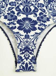 Swim Chiccia Beach Summer One-Piece Swimsuit With Floral Retro Print, Blue Gathered Design, Elegant And Classy Women Swimwear For Holiday - Blue - View 5