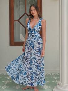 Swim Oasis Traje de baño de una pieza con cuello en V, estampado floral azul, diseño halter y espalda descubierta, con falda transparente. Atuendo de playa de verano de alta gama para mujer
