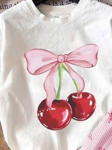 SHEIN 2pcs Vintage Cherry Pink Striped, BM Style, Tween Girls Casual Minimalist Short Sleeve Top And Shorts Set, Summer - Multicolor - View 4