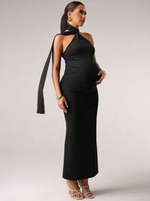 MaterniChic Đầm hở lưng thanh lịch, màu trơn gợi cảm dành cho phụ nữ mang thai, thích hợp cho các dịp tiệc tùng và tụ tập - màu đen - Xem 4