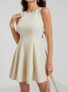 SHEIN Tall Women Casual Elegant Commuting Solid Color Waist Cinched Sleeveless Mini Dress, Graduation Dress