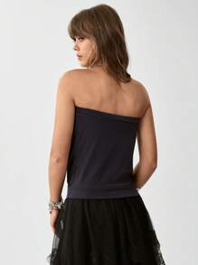 Wildy Solid Color Pleated Casual Summer Strapless Top - Navy Blue - View 4