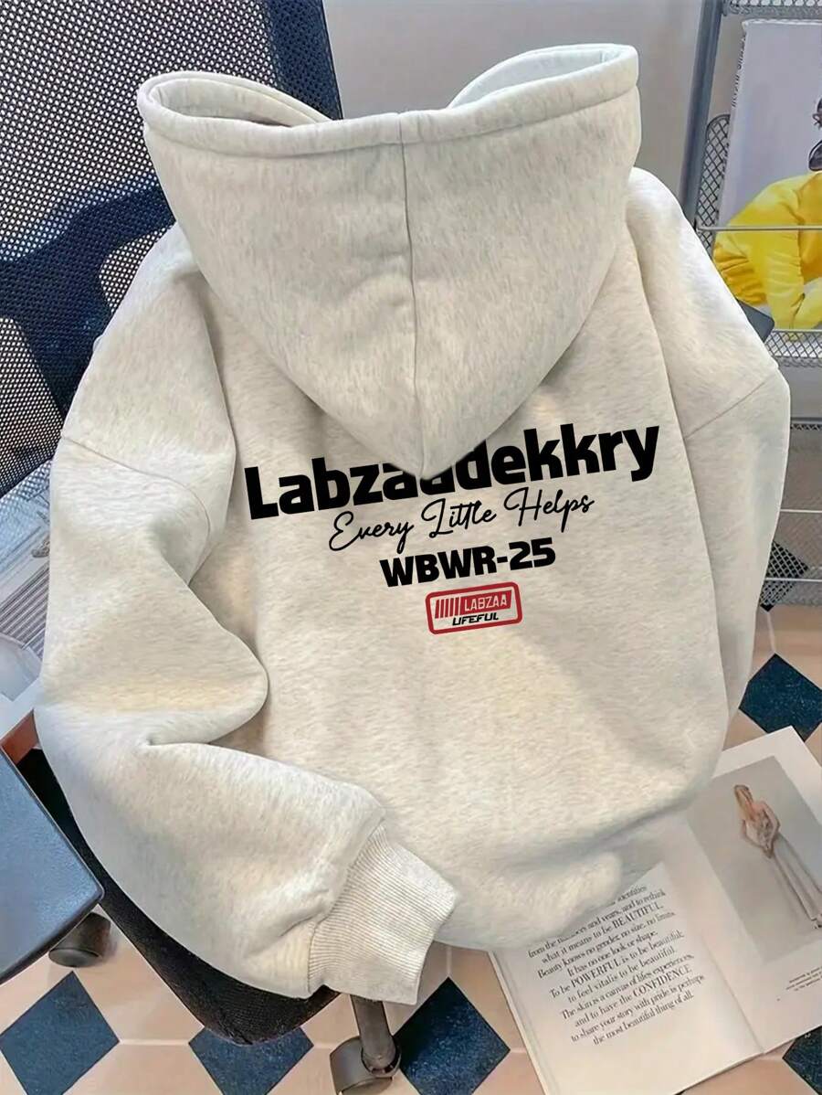 INAWLY Women's Casual Everyday Letter Print Drop Shoulder Kangaroo Pocket Drawstring Hoodie - Light Grey - View 1