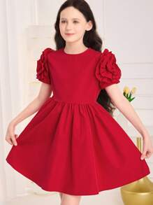 SHEIN Tween Girl Solid Color Rose Flower Ruffle Hem Zipper Short Sleeve Dress