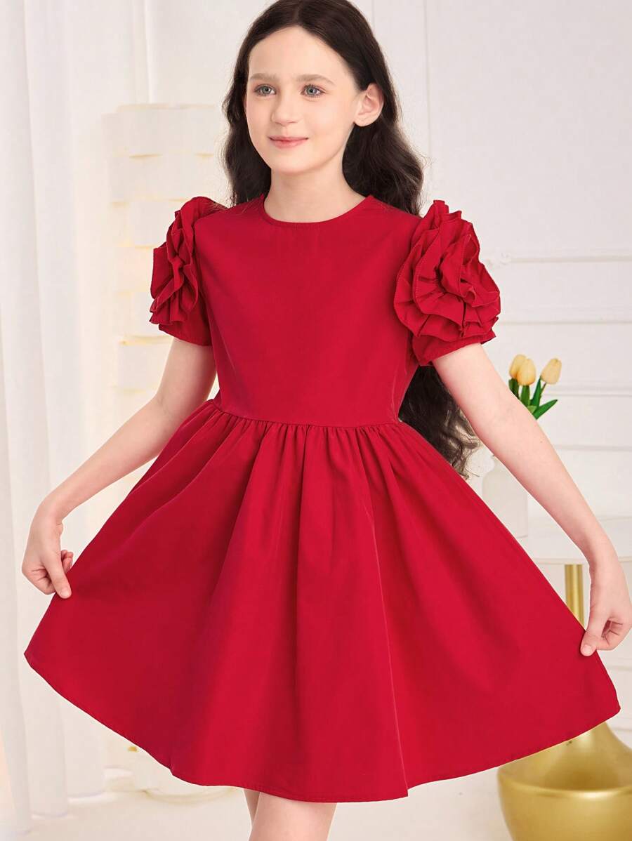 SHEIN Tween Girl Solid Color Rose Flower Ruffle Hem Zipper Short Sleeve Dress