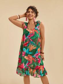 Travachic Plus Size Women Vacation Casual Tropical Plant Print Green Beach Cover Up Twist Shoulder Loose Dress, Summer Country Concert Outfit, Beach Dress, Holiday Clothes, Vacation Outfits Woman, Festival