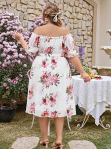 SHEIN VCAY Plus Size Floral Puff-Sleeve Short-Sleeved Dress, Off-Shoulder Dress, Perfect For Vacations, Gardens, Dates, And Carnivals. - Multicolor - View 2