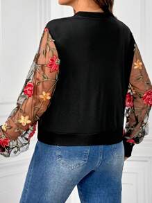 SHEIN Clasi Plus Size Women's Baseball Collar Patchwork Embroidered Mesh Sleeve Jacket - Black - View 2